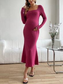 SHEIN 孕婦純色u領貼身長袖連衣裙 - 玫紅色 - 查看 2