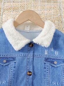 SHEIN Cô gái Tween Denim Hiệu ứng In Viền tương phản Áo khoác Và Bộ váy - Nhiều màu - Xem 3