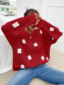 SHEIN EZwear 女士花朵圖案毛衣 - 紅色 - 查看 1