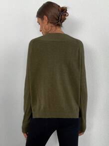 SHEIN Essnce 高領斜肩軸毛衣 - 軍綠色 - 查看 2