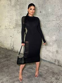 SHEIN SXY Siêu căng Đầm Midi Rách Sinh nhật Mùa Xuân NỮ Quần áo Đầm vũ hội Ngày lễ tình nhân Đầm Ngày Đầm ngủ Tiệc độc thân - màu đen - Xem 4