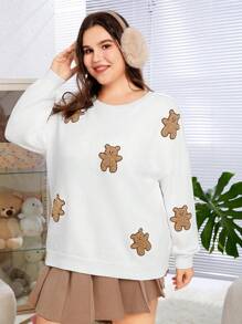 SHEIN EZwear Plus Size Women's Drop Shoulder Sweater With Little Bear Embroidery - White - View 1