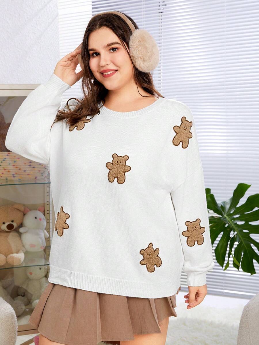 SHEIN EZwear Plus Size Women's Drop Shoulder Sweater With Little Bear Embroidery - White - View 1