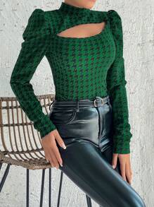 SHEIN Essnce In Houndstooth Cắt ra Cổ giả Áo thun - màu xanh lá - Xem 8