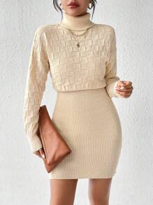 SHEIN Frenchy 格紋紋理拼接修身針織毛衣裙 - 杏色 - 查看 1