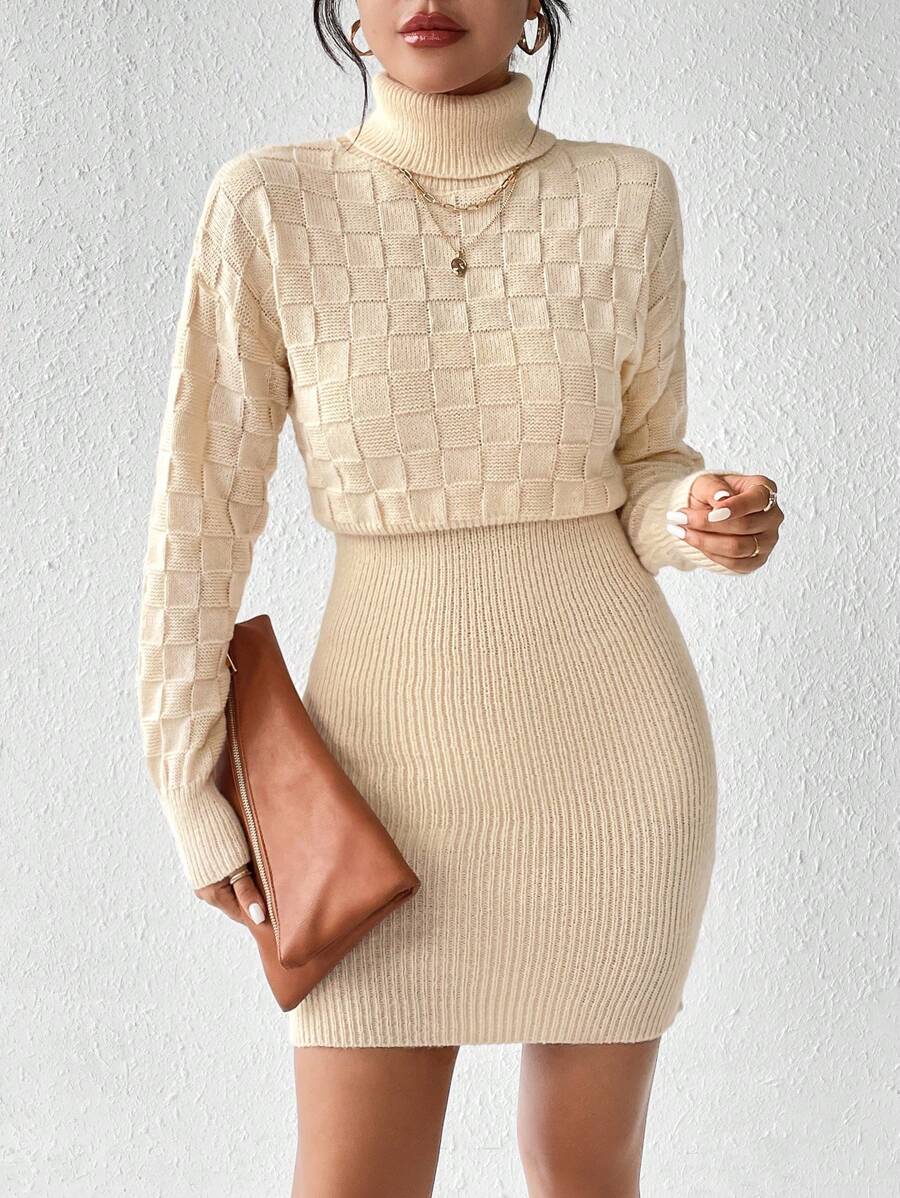 SHEIN Frenchy 格紋紋理拼接修身針織毛衣裙 - 杏色 - 查看 1