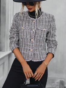 SHEIN Clasi Của phụ nữ Nút Kẻ sọc áo - Màu Khaki - Xem 5