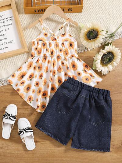 Girls Cross Shoulder Straps Sunflower Print Short Front And Long Back Suspenders Denim Effect Shorts Suit Spring And Summer