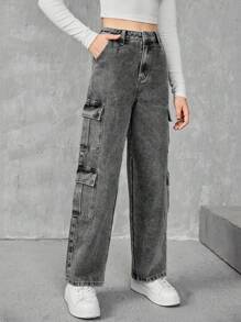 SHEIN Pantalones Vaqueros Con Bolsillos De Estilo De Ropa De Trabajo Para Adolescentes - Gris Oscuro - Ver 3