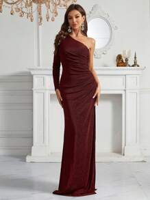 SHEIN Belle 單肩褶邊高衩金屬亮絲正式洋裝 - 紅色 - 查看 6