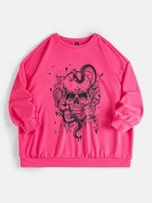 SHEIN EZwear 加大尺碼女士織花印花連帽衫,帶有骷髏圖案 - 玫紅色 - 查看 4