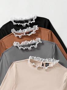 SHEIN LUNE 4pcs Lace Splice Long Sleeve T-shirts - Multicolor - View 5