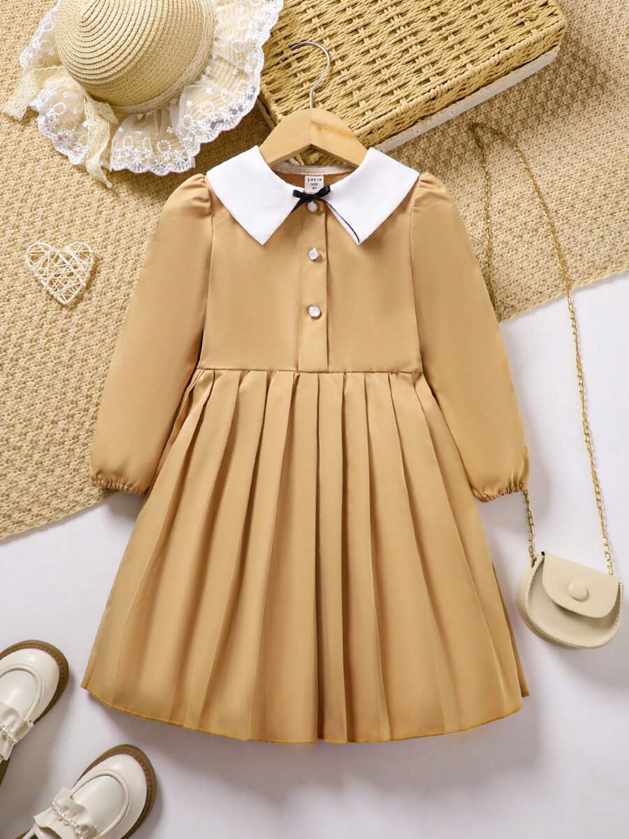 SHEIN 小女孩彼得潘领前扣胸前褶皱长袖公主裙春秋季 - 卡其色 - 查看 1