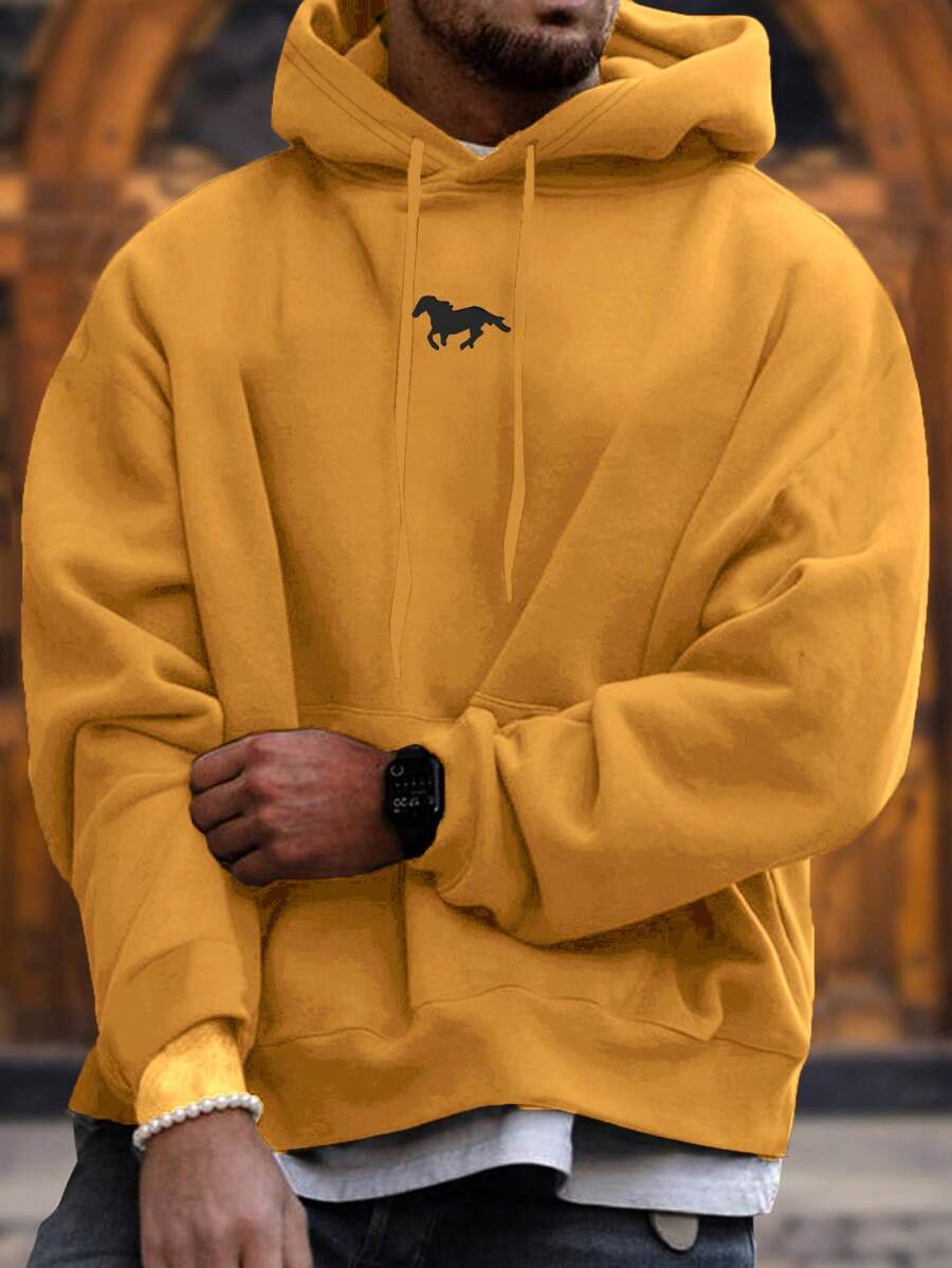 EURMUSE Men's Horse Printed Drop Shoulder Drawstring Hoodie - Yellow - View 1