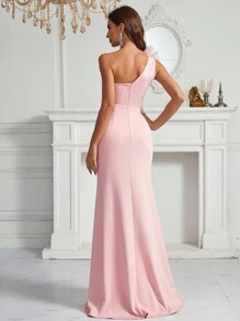 SHEIN Belle Elegant Pink Knitted Fabric Mesh Three-Dimensional Rainbow High Slit Fishtail Cut Mesh Parent-Child Activities Suitable For Parent-Child Activities Wedding Season Mother's Day Music Festival Homecoming Graduation Season Party Formal Women's Evening Dress - Baby Pink - View 3