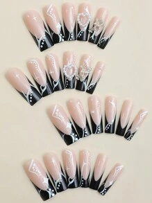 ROMWE Goth 24pcs Star & Heart Patterned False Nails Set With Adhesive Tape - Multicolor - View 2