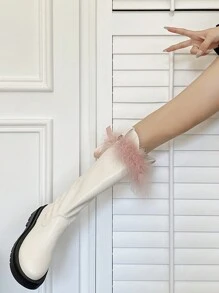 1雙等於2雙!可拆卸貂毛設計女士過膝靴,白/粉色,冬季 - 白色 - 查看 6