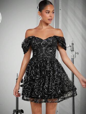 L'Amorae Mixade Mönster Axelfri Nätöverdrag Klänning