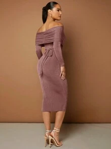 SHEIN BAE Ladies' Solid Color Off Shoulder Pleated Belted Dress - Redwood - View 2
