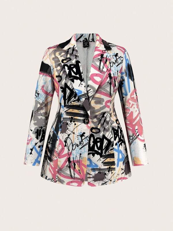 Auralis Plus All-Over Graffiti Print Lapel Blazer