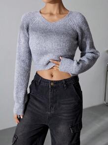 Flirla Women'S Solid Color V-Neck Sweater With Raglan Sleeves