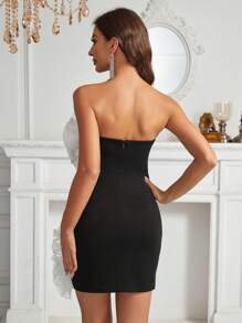 SHEIN Belle 網紗荷葉邊抹胸緊身連衣裙 - 黑色 - 查看 2