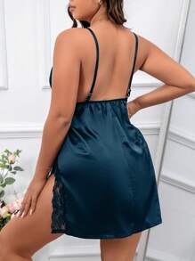 Plus Size Sexy Lingerie Pajama Dress With Slit Hem And Lace Splice Cami Strap Nightgown Sexy Nightgown