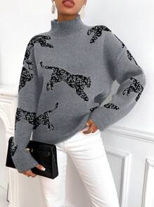SHEIN Essnce Suéter De Patrón Animal Con Cuello De Soporte Y Mangas De Caída En Hombros