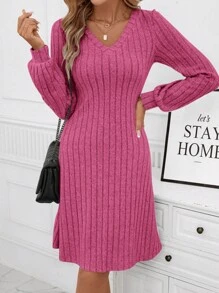 SHEIN Clasi 女性v領肋紋連衣裙 - 玫紅色 - 查看 5