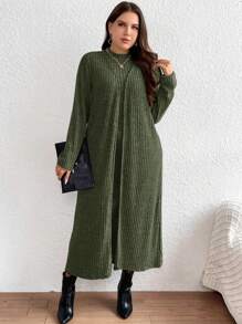 SHEIN LUNE Plus Size Women's Ribbed Open Front Coat And Tank Dress Set - Green - View 6