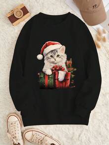 SHEIN Slayr Christmas Cat Print Drop Shoulder Thermal Sweatshirt - Black - View 6