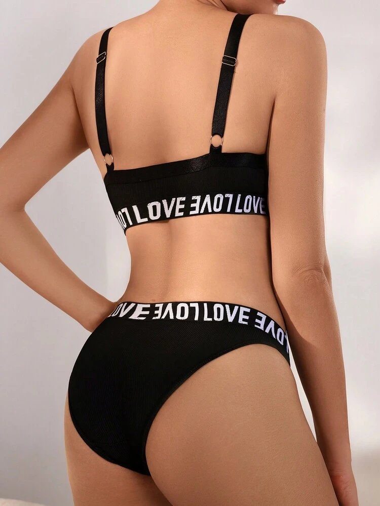 Women's Letter Pattern Elastic Strap Bralette And Panty Set Sports , 2 Set
