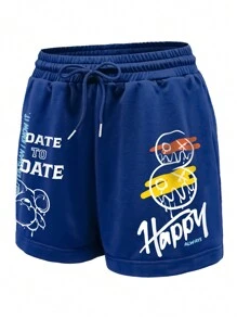 INAWLY Của phụ nữ Đồ họa Eo Quần short dây kéo - Xanh đậm - Xem 3