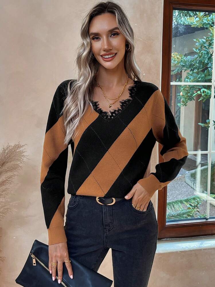 Colorblock Lace Trim Sweater