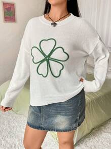 Flirla Plus Size Stylish Floral Embroidery Round Neck Sweater