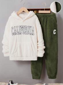SHEIN Tween Boy Casual Letter Embroidered Hooded Pullover Top, Solid Color Bottoms, Plush Two-Piece Set - Army Green - View 1
