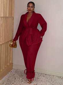 Slaydiva 女款純色深v領西裝套裝 - 紅色 - 查看 1