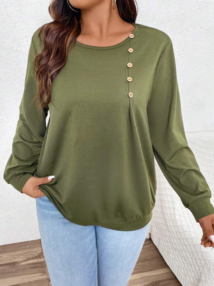 SHEIN LUNE Của phụ nữ Kích thước lớn Màu thuần Có nút Áo nỉ - xanh quân đội - Xem 1