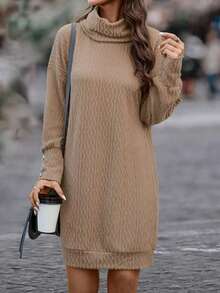 SHEIN LUNE 高領,長袖,釦式袖口,及膝裙長裙