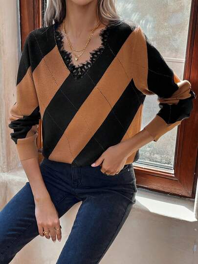 Colorblock Lace Trim Sweater