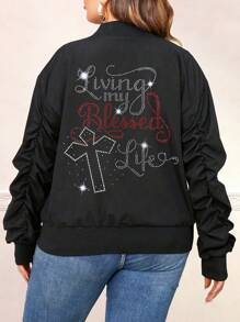 Celure Plus Rhinestone Slogan Pattern Drop Shoulder Bomber Jacket - Black - View 1