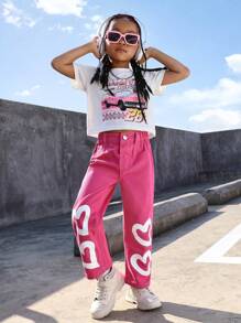 Toddler Girls' Heart Print Straight Leg Jeans - Hot Pink - View 6