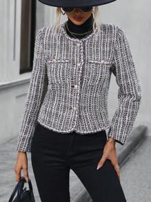 SHEIN Clasi Của phụ nữ Nút Kẻ sọc áo - Màu Khaki - Xem 3