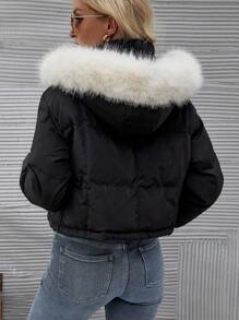 SHEIN LUNE 短款加厚棉袄衣服冬季带毛领、抽绳兜帽 - 黑色 - 查看 2