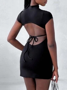 Ladies' Stand Collar Bodycon Solid Color Dress - Black - View 2