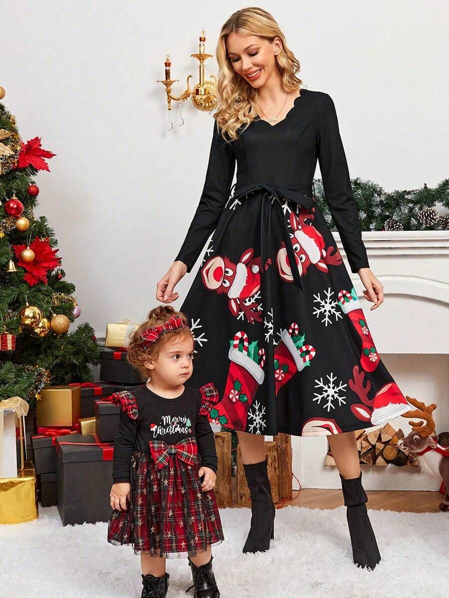 SHEIN Baby Girl Tartan Print Ruffle Trim Mesh Hem Dress 
 Mommy&Me Matching Outfits (2 Pieces Are Sold Separately) - Red - View 1