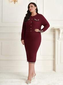 Modelyn Ensemble deux pièces avec un cardigan avec détail de rabat et une jupe tricotée avec bordure rayée - Rouge foncé - Voir 4