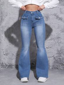 SHEIN EZwear 女士簡約設計口袋牛仔褲 - 中等水洗藍 - 查看 1