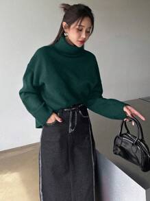 DAZY Women's Solid Color Simple Turtleneck Sweater Fall,Winter - Dark Green - View 4