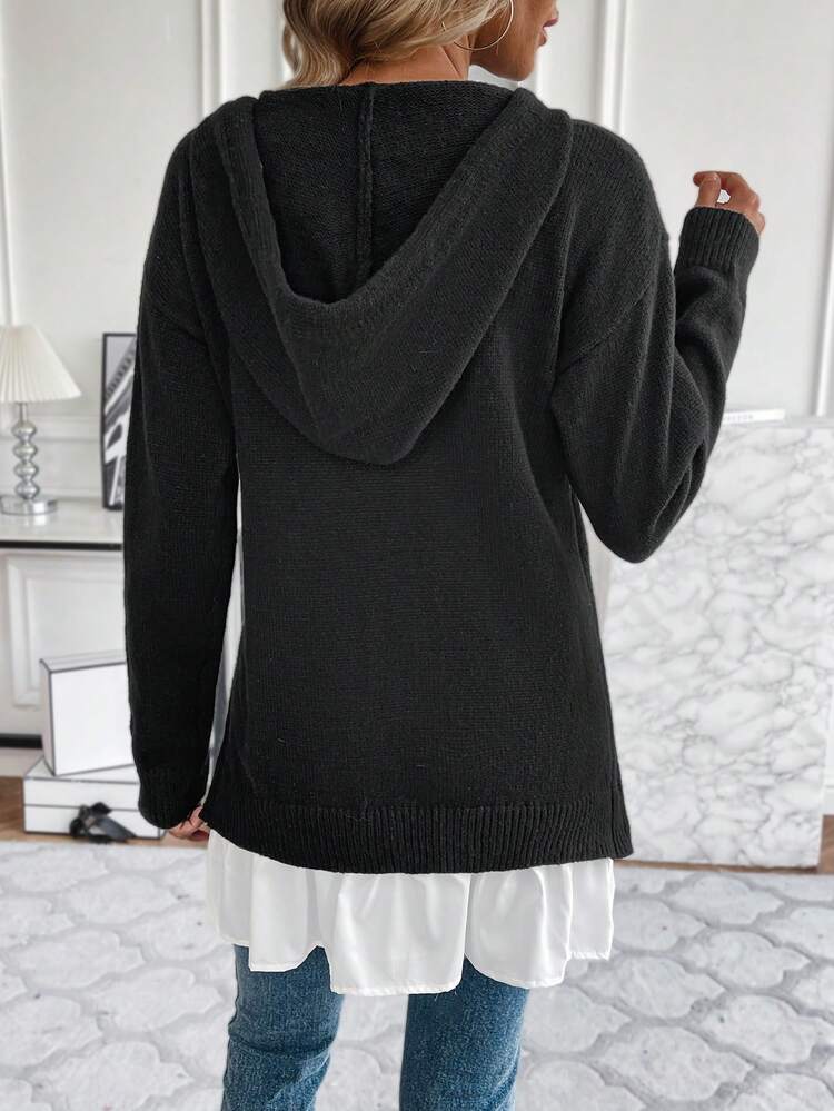 Hooded Sweater With Zipper, Split Hem And Drawstring Detail Knit Pullover Fall Winter Sweater